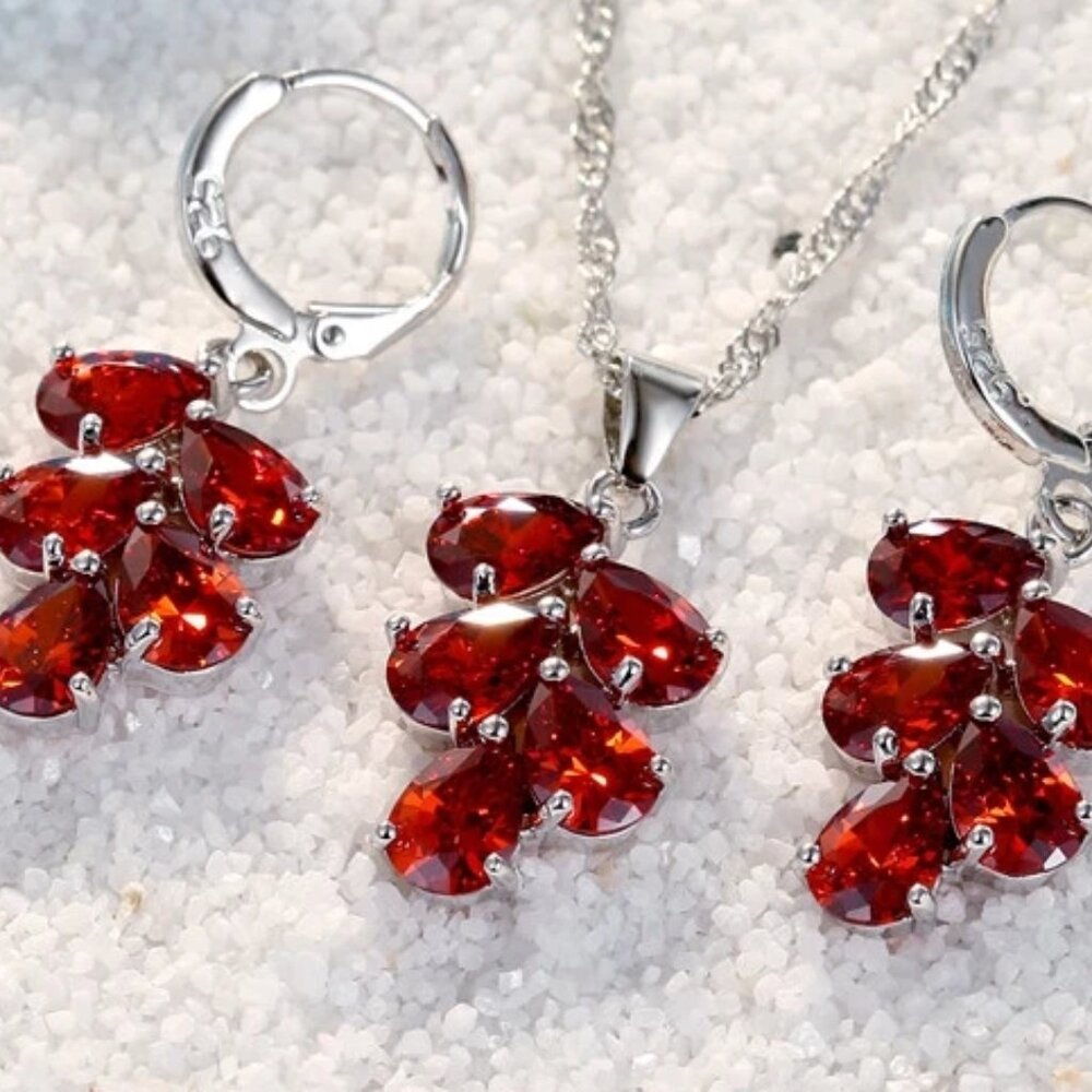 NWOT  Red Austrian Crystal and Sterling Silver Necklace and Earring Set